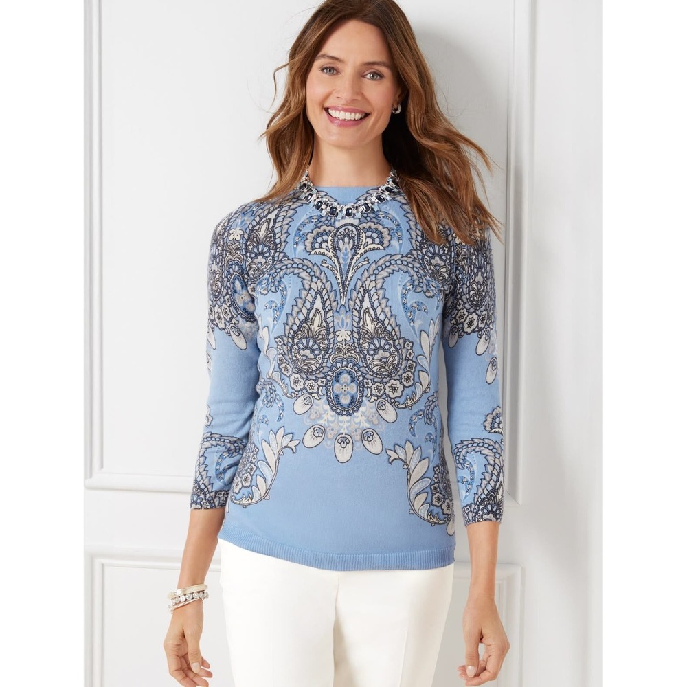 Talbots Audrey Cashmere Sweater Small Paisley 3/4 Sleeve Periwinkle Blue